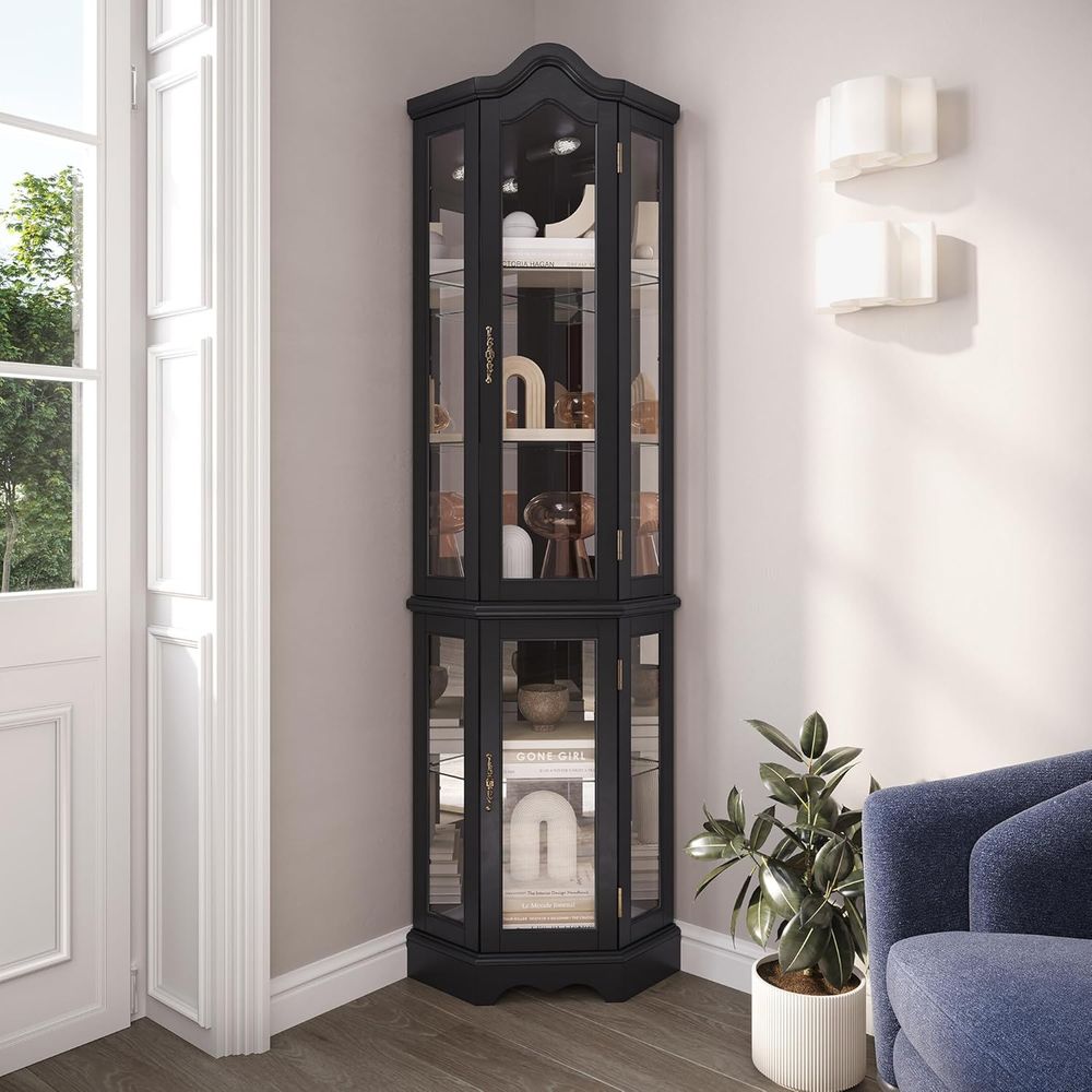 Glass Cabinet Display - Lighted 3-Side Glass Display Curio Cabinet
