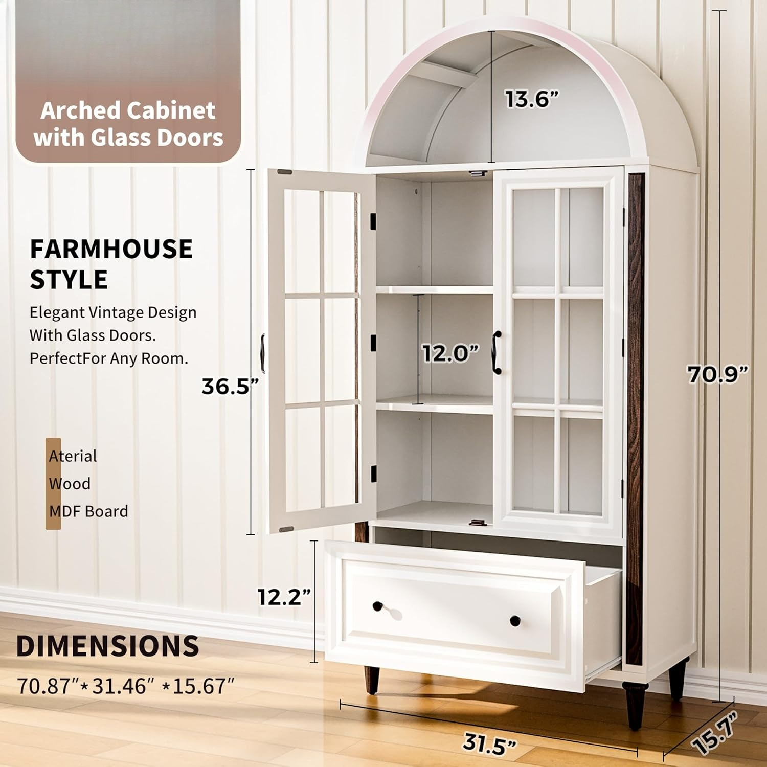 71” Handcrafted Arched Bookcas - Glass Cabinet Display review and price
